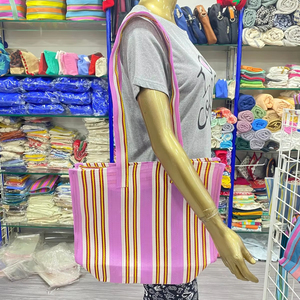 ถุงผ้าไนลอนแบบใช้ซ้ำได้เป็นมิตรกับสิ่งแวดล้อมถุงช้อปปิ้งพร้อมซิป rpet ทอมือกระเป๋าพลาสติกรีไซเคิลลายทางผลิตในอินเดีย - Product Image 1