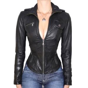 Chaqueta de Motociclista Personalizada para Mujer, Otoño, Cuero Sintético, Botones, Color Sólido, Estilo Motero, Cierre de Cremallera, Corte Ajustado, Define la Cintura, Ecológica - Product Image 1