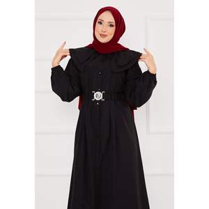 <b>Black</b> Wide Collar Buttoned <b>Full</b> <b>Length</b> Hijab <b>Dress</b> Custom Designed Modest Muslim Abaya XS Size Evening Wear - Product Image 2