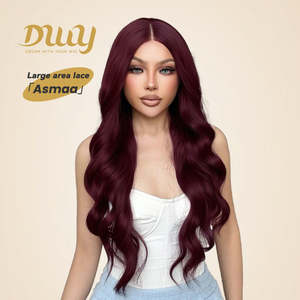 Asmaa-DWY 13x6 Burgundy Curly Free Part Synthetic <b>Wig</b> with Transparent Lace Front - Product Image 1