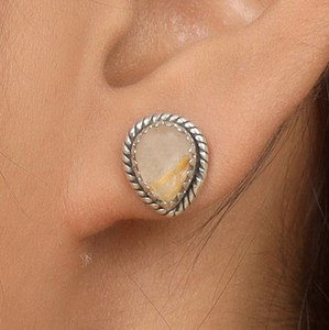 Handmade 925 <b>Sterling</b> <b>Silver</b> Earrings for Girls Bohemian Natural Golden Rutile <b>Studs</b> Peace Pattern Gold Plating Jewelry Gift - Product Image 1