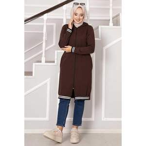 Manteau à capuche zippé café pour femme - Product Image 3