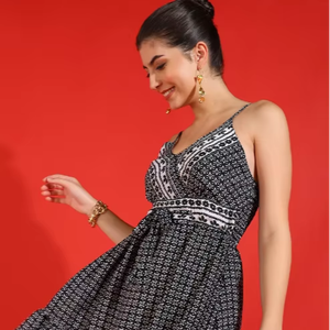 <b>Black</b> floral printed polyester short <b>dress</b> for women with sleeveless v-neck design styled in flared and fitted for trendy wear - Product Image 1