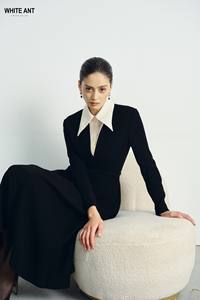 ROBE MIDI ANDREA 100% Polyester Robe longue évasée noire de haute qualité avec col Robes décontractées WHITE ANT Fabricant - Product Image 3