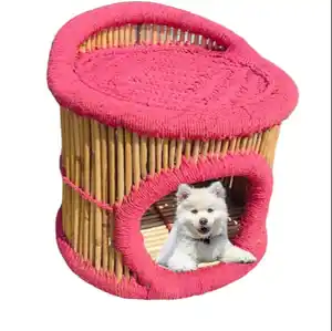 Customized Cute Luxury Soft Small Pet Dog Cat Animal Sitting Bamboo Cage Houses Bed Sofa Chair Storage Ottoman for Animal