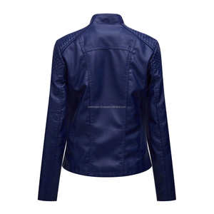 Chaqueta de cuero azul oscuro con cremallera para mujer, estilo de motociclista, puntada acolchada, elegante encaje de otoño, bolsillos con cremallera, característica transpirable - Product Image 2