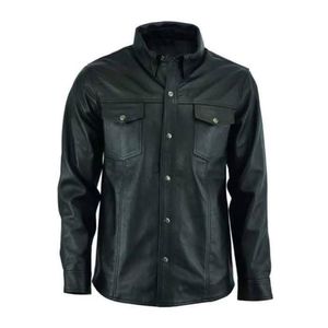Chaqueta Camisa de Cuero PU Negra para Hombre con Cierre de Botones y Bolsillos en el Pecho, Estilo Casual, Cuello Clásico, Corte Regular, para Otoño - Product Image 1