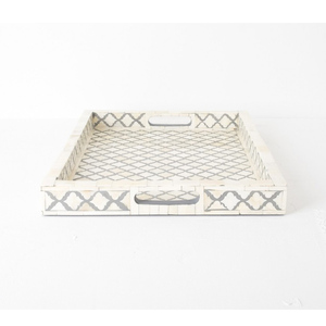 Plateau de table basse en os de résine d'inspiration Art déco Plateau de service avec poignées pour table basse ottomane moderne ou salon - Product Image 1