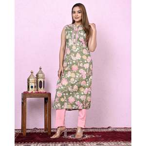 Vestido verde de mujer con cuello redondo, estilo kurta, transpirable, elegante, informal, para oficina, tallas XS a XL, largo hasta el suelo/hasta la rodilla - Product Image 1