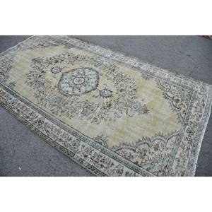 Classic Vintage Turkish Rug 5.2 X 9ft <b>Yellow</b> Green Patchwork Design <b>Wool</b> Flat Weave for Living Room Decorations Latex Backed - Product Image 4