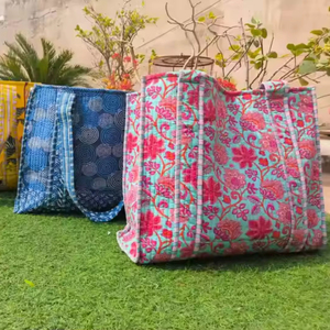 Bolso de mano grande Reversible de algodón acolchado, ecológico, sostenible, resistente, para compras de comestibles, cierre abierto para uso diario - Product Image 1