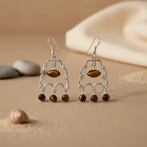Boucles d'oreilles pendantes en argent 925 avec pierre précieuse œil de tigre pour femmes, clous plaqués or, perle, diamant, topaze, style mignon, chrétien, pour mariage - Product Image 3