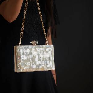 Luxury Mother of Pearl <b>Clutch</b> for Women - Handmade Pearl Inlay Evening <b>Bag</b> with <b>Gold</b> Accents - Product Image 4