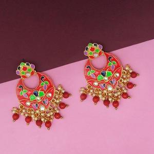 Boucles d'oreilles Kriaa Red Meenakari et Beads Kundan Fine Dangle Model 1314212D - Product Image 1
