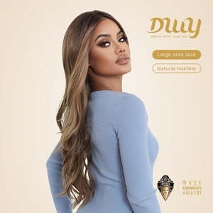 Mocca-DWY 136 <b>Long</b>-Length Wavy Brown Synthetic <b>Wig</b> with Light Brown Lace Free Part and Highlights <b>Long</b> Curly Style - Product Image 2