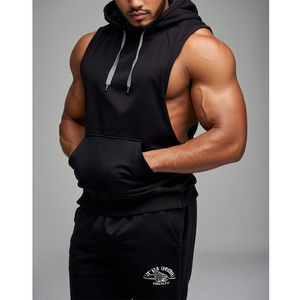 Sudadera con Capucha de Forro Polar Negro de Alta Calidad, Bolsillo Tipo Canguro, Cordón Ajustable, Estampado Gráfico, Talla Grande, Holgada, Sin Mangas, para Hombre, Gimnasio, Estilo Oversize - Product Image 1