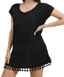 ชุดชายหาดสีดำสำหรับผู้หญิงที่มีคอกว้างแขนสั้นพู่ชายเสื้อใส่สบายเนื้อผ้าเบาดูสบายๆฤดูร้อน - Product Image 1