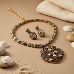 Ensemble de bijoux fins pour femmes, plaqué or, collier et boucles d'oreilles en filigrane pour les fêtes et les mariages, or rose avec diamant et perle - Product Image 1