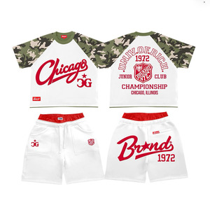 Premium 240 GSM Cotton T Shirt Shorts <b>Set</b> <b>White</b> Base Grey Camo Raglan Sleeves Screen Print Custom Logo <b>2</b> <b>Pieces</b> <b>Sets</b> - Product Image 3