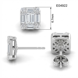 Boucles d'oreilles clous classiques en or blanc 18 carats massif, serties de diamants naturels taille baguette et taille ronde, mosaïque, bijoux fins pour hommes - Product Image 4