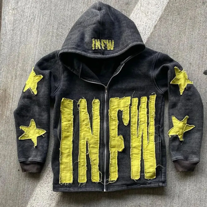 2024 algodón Denim personalizado 100% algodón francés Terry parche desgastado bordado Streetwear Zip Up Sudadera con capucha - Product Image 4