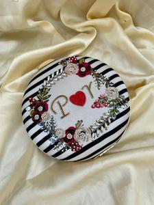 Women's Designer Printed Embroidery Initials <b>Pearl</b> <b>Clutch</b> Customizable Round Silk Lining Handbag for Girls - Product Image 2