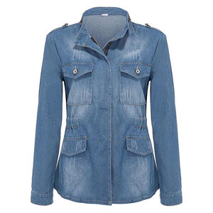 Veste en jean slim pour femme avec cordon de serrage à la taille, fermeture éclair tendance sur le devant, manches longues, denim délavé, vêtement d'extérieur - Product Image 4