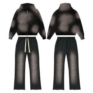 Sweat-shirt 100% coton avec logo personnalisé pour hommes, sweat à capuche délavé à l'acide et pantalon évasé avec fermeture éclair, ensemble 2 pièces décontracté pour l'hiver - Product Image 2