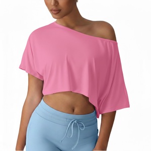 Nouveau style de mode, haut de yoga d'été avec logo imprimé personnalisé, hauts à épaules dénudées, hauts à manches courtes surdimensionnés, t-shirt court - Product Image 4