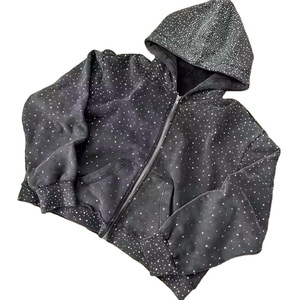 Sweats à capuche zippés lourds personnalisés 100% coton éponge française en détresse lavé à l'acide hommes strass sweats à capuche zippés pour hommes - Product Image 2