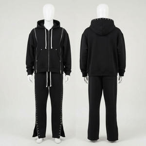 Unisex Black Hooded Tracksuit Set Full Length Zipper <b>Sweatshirt</b> Joggers Solid Color Casual Autumn Wear Breathable 100 Polyester - Product Image 2