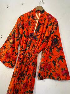 Robe kimono en velours à manches cloche orange, imprimé floral et oiseaux, robe de chambre kimono en velours, spécial hiver, luxe - Product Image 6