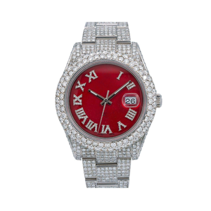 Montre de luxe en moissanite glacée à cadran rouge pour hommes montre classique en acier inoxydable à chiffres romains Hip Hop avec diamant complet - Product Image 1