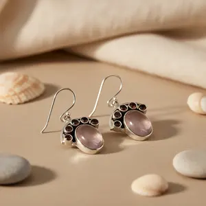 ต่างหูเงินแท้ 925 ประดับโรสควอตซ์และโกเมน สำหรับผู้หญิง ของขวัญเครื่องประดับสุดหรู - Product Image 2