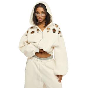 New Casual Vintage Zipped Women's Hoodies Customized Plus Size Fleece Washed Rhinestone Spring Winter Metal <b>Eyelet</b> Women Hoodie - Product Image 5