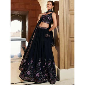 Lehenga Choli en Georgette Bleu Marine avec Broderie de Fil Exquise pour les Occasions de Mariage - Product Image 4