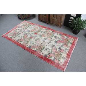 3.3x6.3 ft Rug, Turkish Vintage Rug, <b>Red</b> Floral <b>Wool</b> Rug - Product Image 4