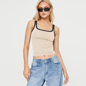 Women's Hip Hop Short Slim Fit Ribbed Knitted Tank <b>Top</b> Crew Neck Color Contrast Stretchy Soft Breathable 100% Cotton - Product Image 1