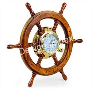 Reloj decorativo de latón con rueda de barco de madera en artículo náutico Reloj náutico superventas Precio impresionante - Product Image 1