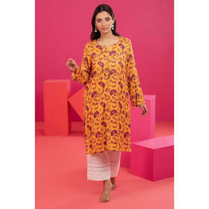 Vestido Casual Holgado de Manga Larga con Cuello Redondo, Estampado Floral y Cola, de Algodón y Fibra de Bambú Naranja para Mujer - Product Image 5