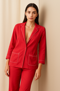 Conjunto de blazer rojo llamativo para mujer en poliéster suave con chaqueta de manga tres cuartos y pantalones a juego en tallas M, L, XL y XXL. - Product Image 6