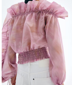 Best Quality Trendy <b>Tie</b> <b>Dye</b> Off Shoulder <b>Top</b> with Ruffled Neckline Casual Boho Style Summer Blouse for Women - Product Image 3