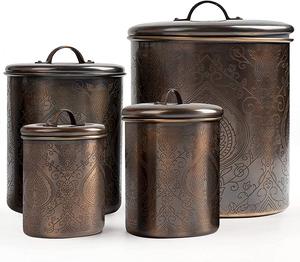 <b>Set</b> of 4 Copper Antique <b>Kitchen</b> Storage <b>Canister</b> with wood lid Vintage Home Metal Storage <b>Canister</b> - Product Image 1