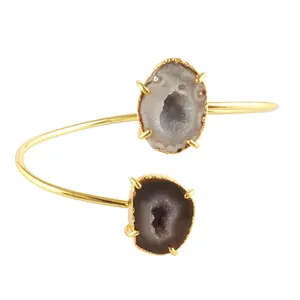 Wholesale supplier natural geode druzy gold plated adjustable bracelet crystal gemstone prong setting open cuff bangle bracelet