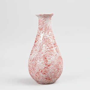 Vase à bouteille en céramique artisanale texturée rouge rustique pour table - Product Image 1