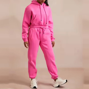 Ensemble pantalon de survêtement et sweat à capuche court de haute qualité Ensemble de vêtements pour femmes Ensemble de pantalons deux pièces avec impression bouffante personnalisée OEM Ensemble de survêtements pour femmes - Product Image 4