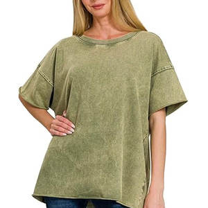 T-shirt délavé à l'acide de grande taille S à vendre T-shirt à manches courtes décontracté et simple pour femmes délavé à l'acide 100% coton - Product Image 3