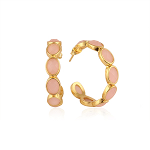 Pink chalcedony faceted gemstone hoop <b>earrings</b> 18k gold plated solid brass ear <b>post</b> with butterfly back statement jewelry - Product Image 1