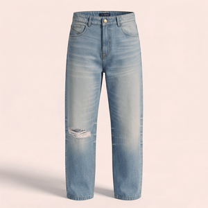 Jean en denim décontracté pour homme, coupe ample, taille mi-haute, jambe large, lavable, pour automne, été, printemps, style streetwear, vente en gros, étiquette personnalisée - Product Image 1