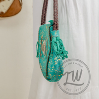 Bolso con flecos de cuero de vaca de bronce LW piedra turquesa adornado país occidental vaquera estilo gitano bolso